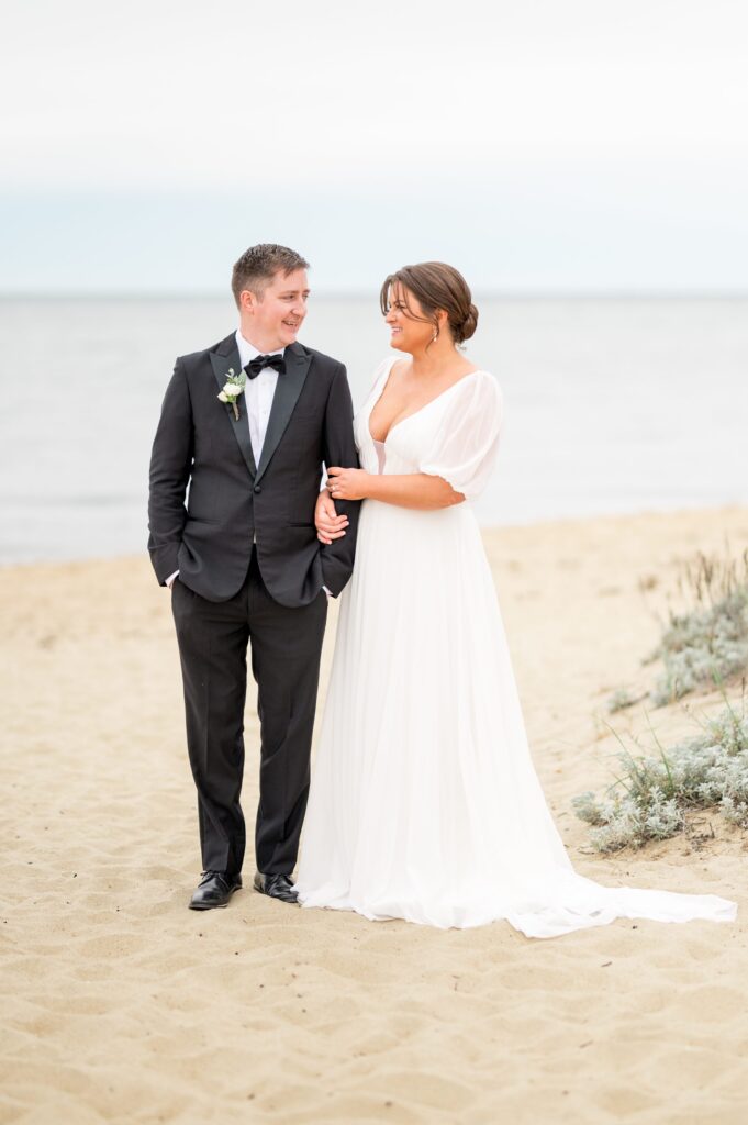 Bride and groom beach portraits for South Shore backyard wedding