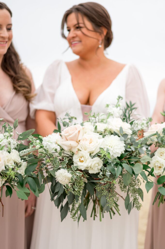 White bridal bouquet for intimate Cape Cod beach wedding 