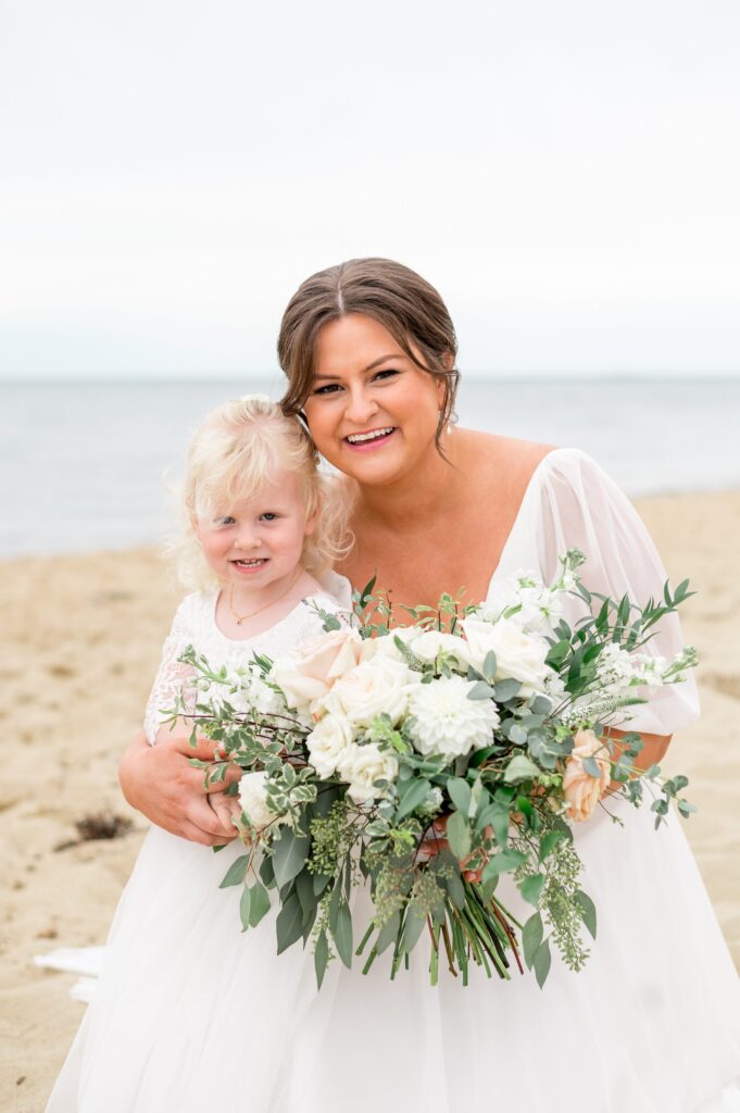 Bride and flower girl beach portrait for Cape Cod wedding