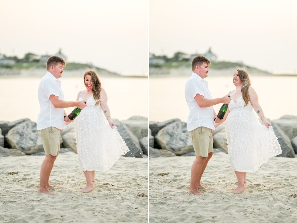 Couple popping Veuve champagne during engagement photos