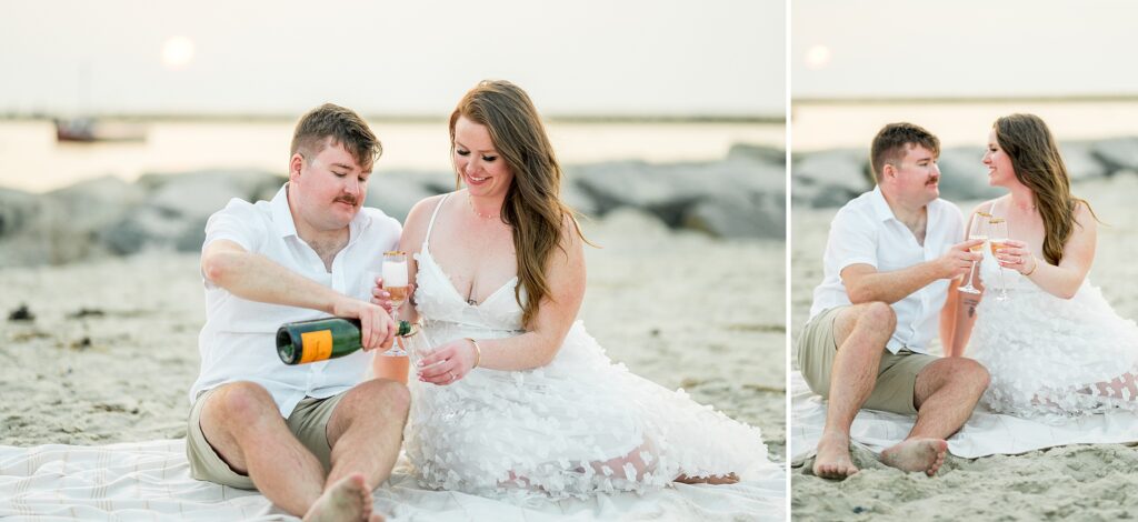 Couple toasting with Veuve champagne during engagement photos 