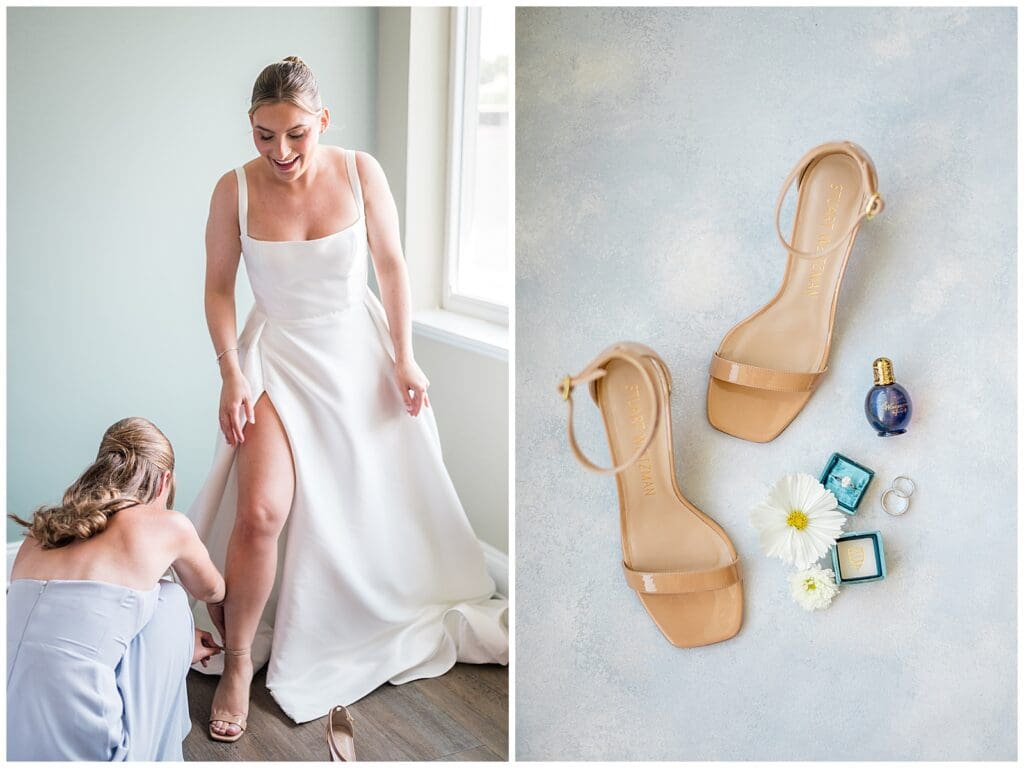 Newport Rhode Island Bride putting her shoes on