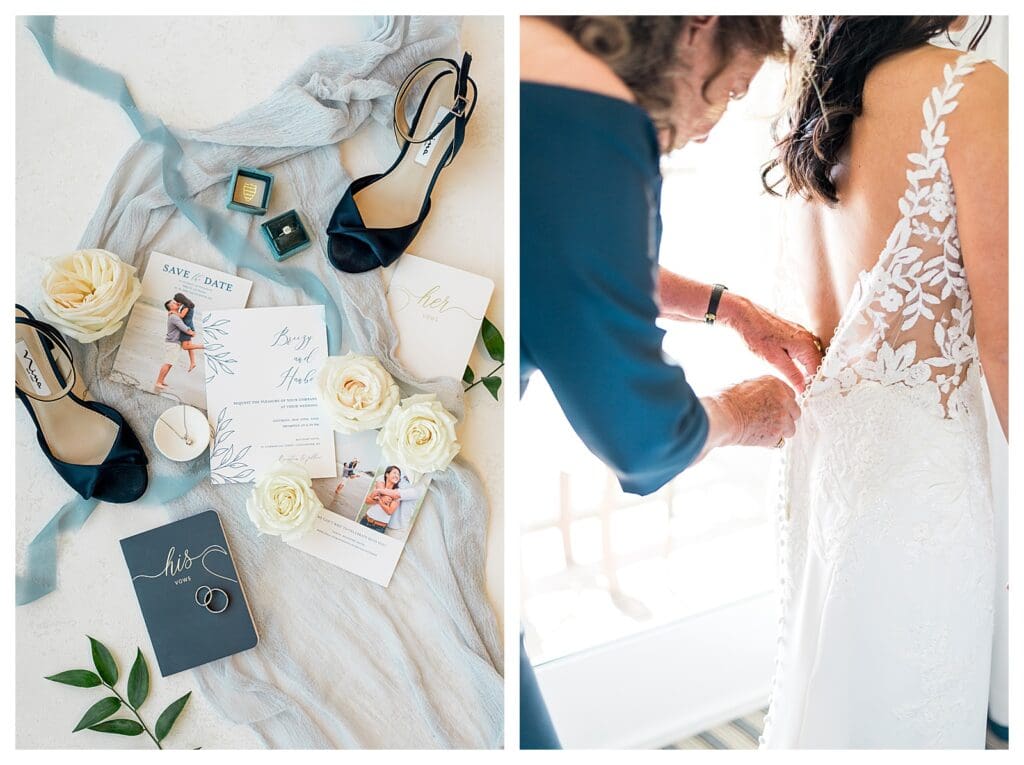 Flat lay of elegant wedding invitations, rings, and bridal accessories styled for a luxury seaside wedding.