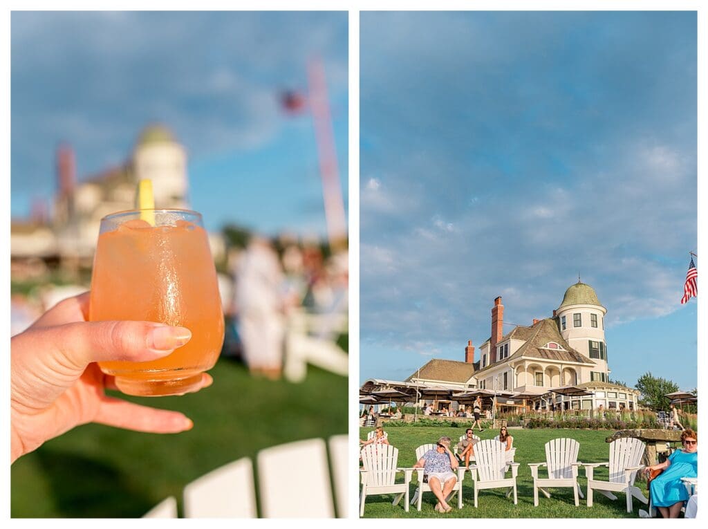 The elegant golden dome and porch of Castle Hill Inn in Newport, RI, glowing at sunset with guests enjoying cocktails on the lawn.