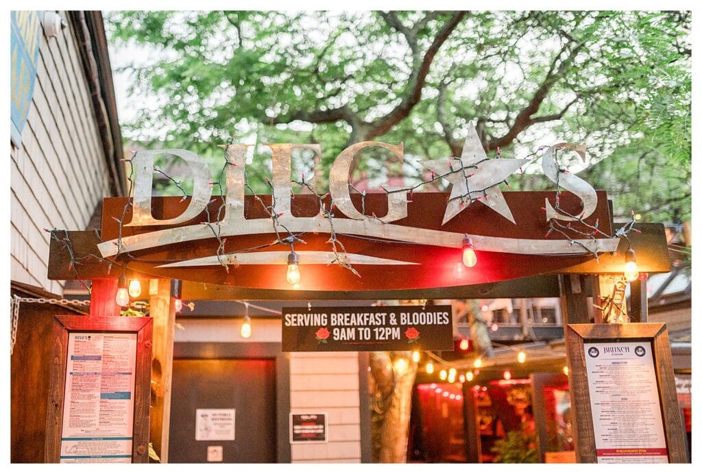 The lively exterior of Diego’s with string lights and neon signage creating a fun, festive vibe.
