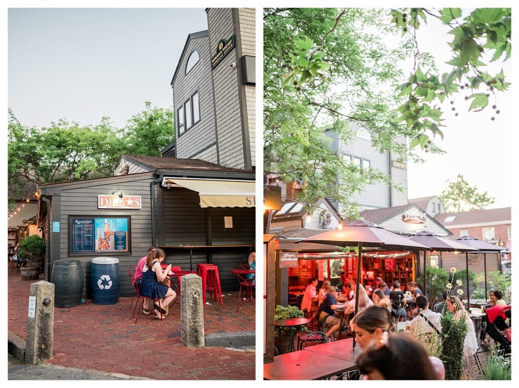 Intimate outdoor tables shaded by trees and umbrellas at Diego’s in Newport, perfect for pre-session cocktails.