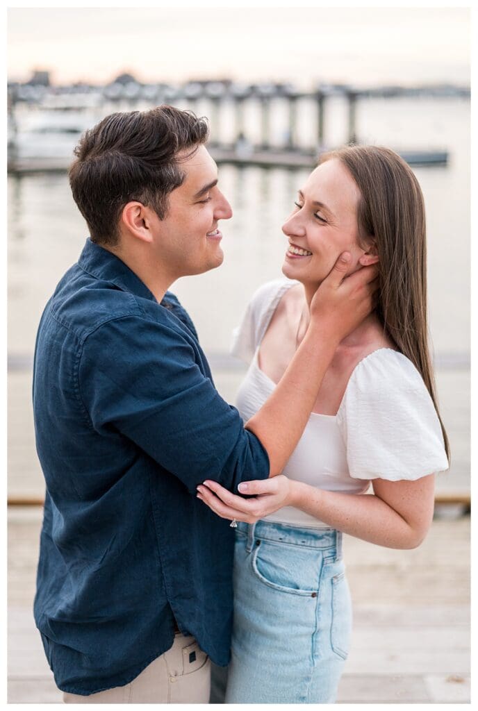 Natural close-up of the couple smiling at each other.