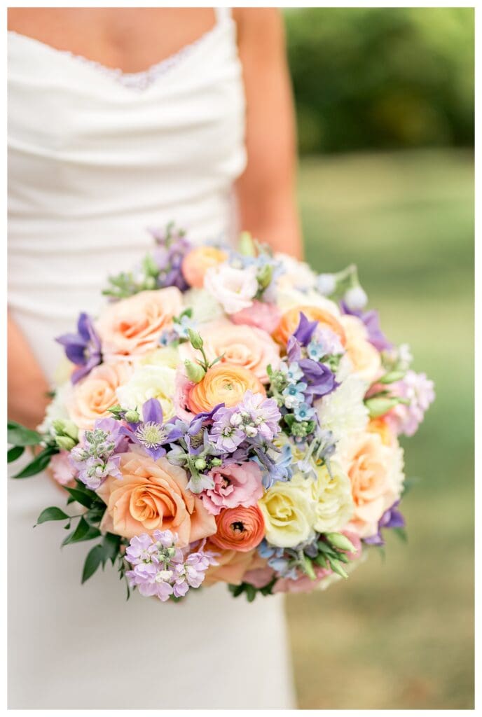 Bright and airy close-up of bride's pastel bouquet at Wychmere.