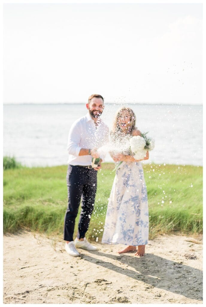 Champagne spray and laughter after Reid proposes to Libby on the Cape Cod coast