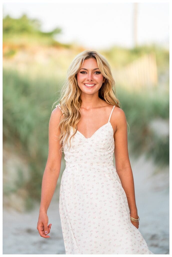 Cohasset MA beach senior portrait with soft golden hour light
