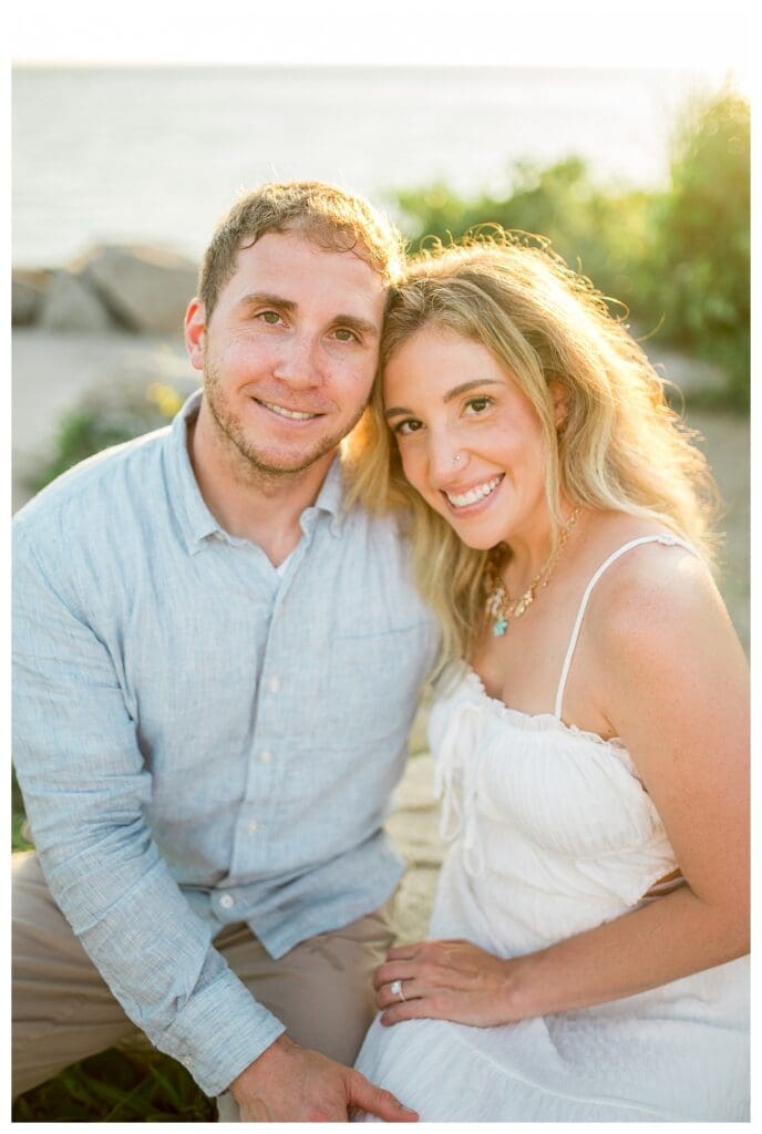Couple leaning into each other during their Cape Cod engagement session