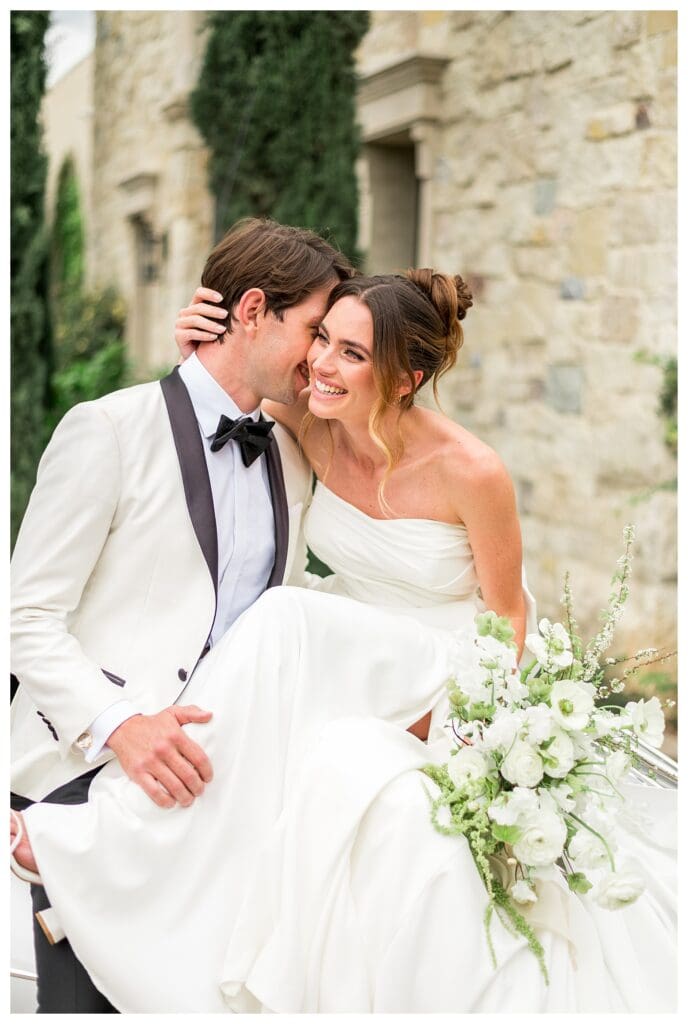 Bride and groom laughing together during golden hour at Monserate Winery
