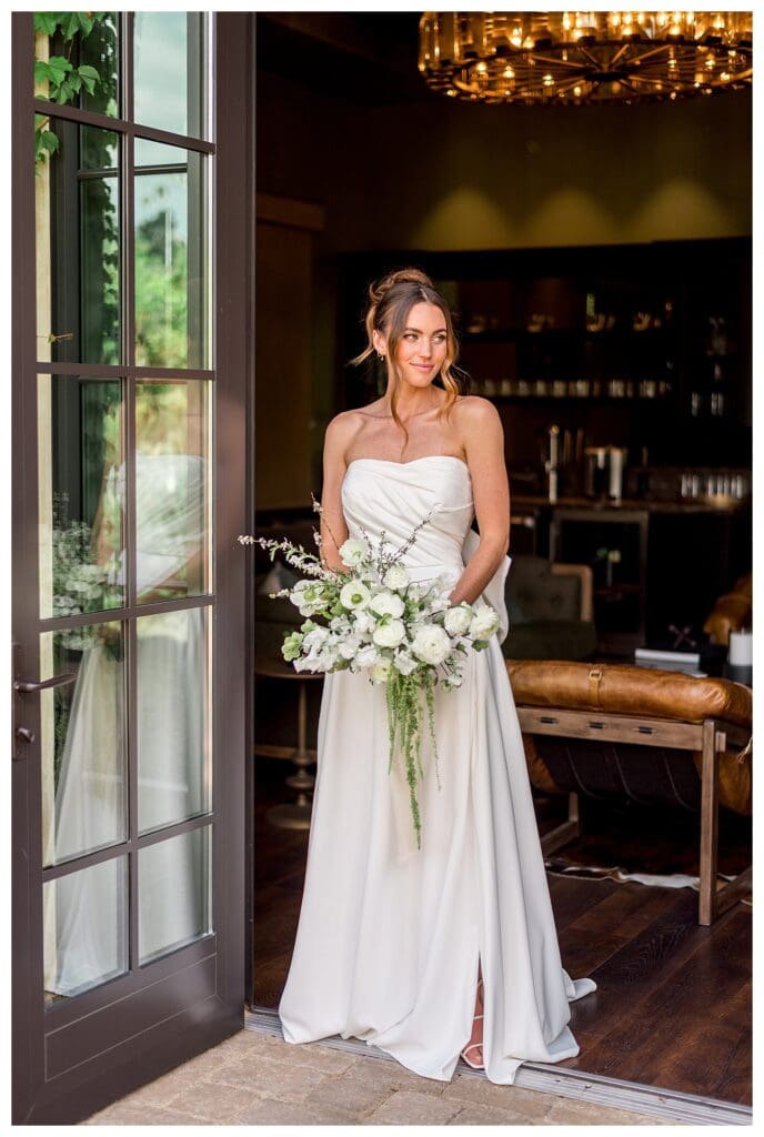 Modern bridal portrait with white florals at Monserate Winery wedding