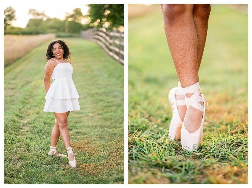 High school senior balancing en pointe in grassy field at sunset in Massachusetts.