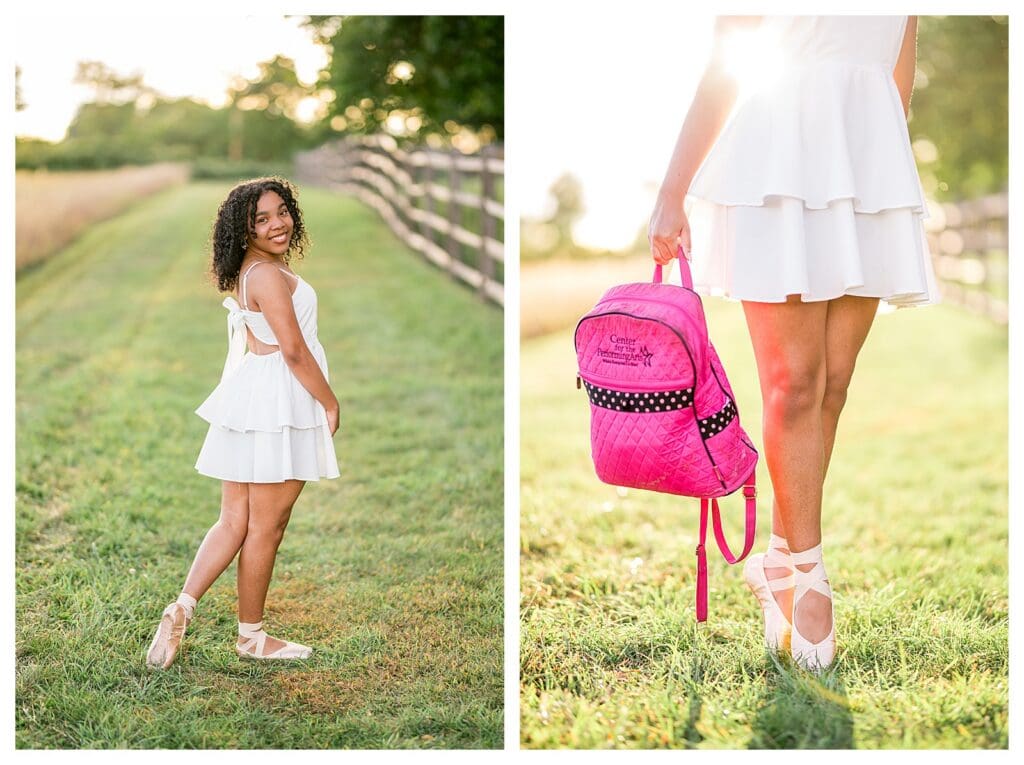 Senior holding bright pink dance bag in pointe shoes during creative Class of 2026 portrait session.