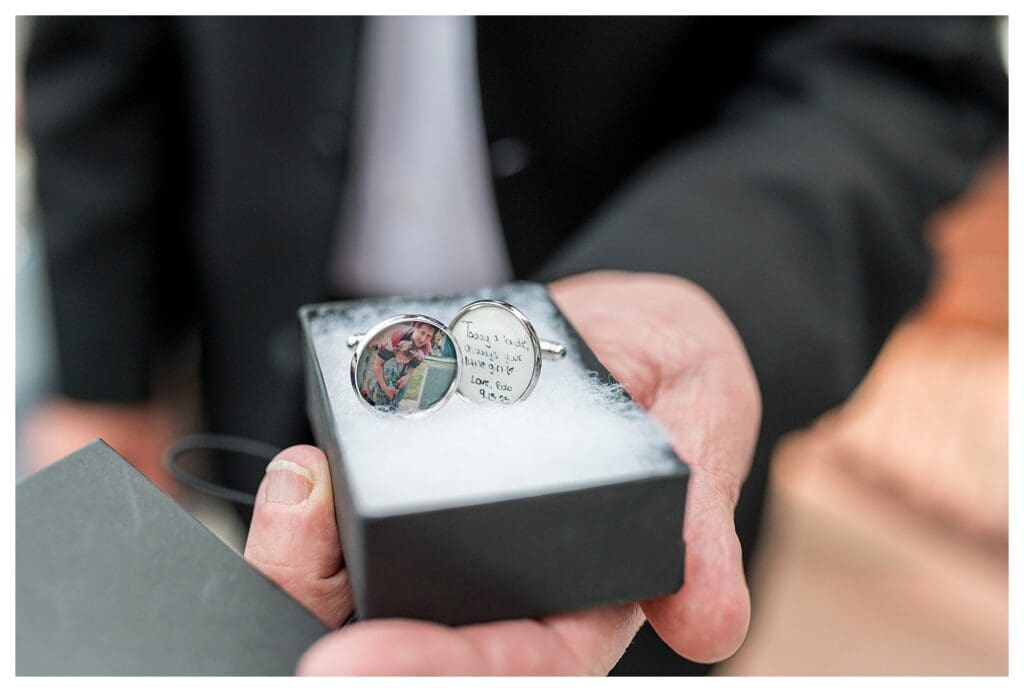 Bride gifting cuff links during Boston Wedding morning.