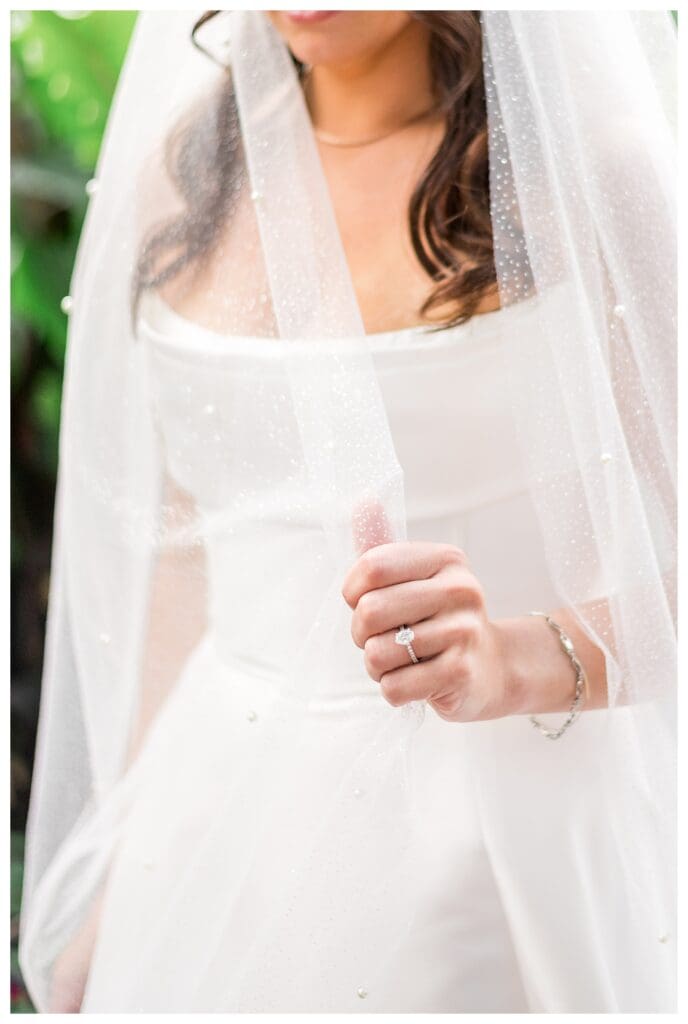 Close up of Boston bride's ring and veil.
