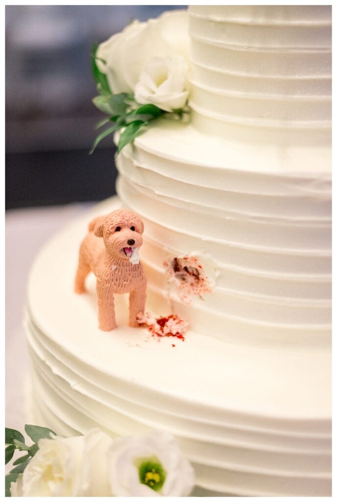 Funny dog inspired wedding cake detail at Boston harbor venue.