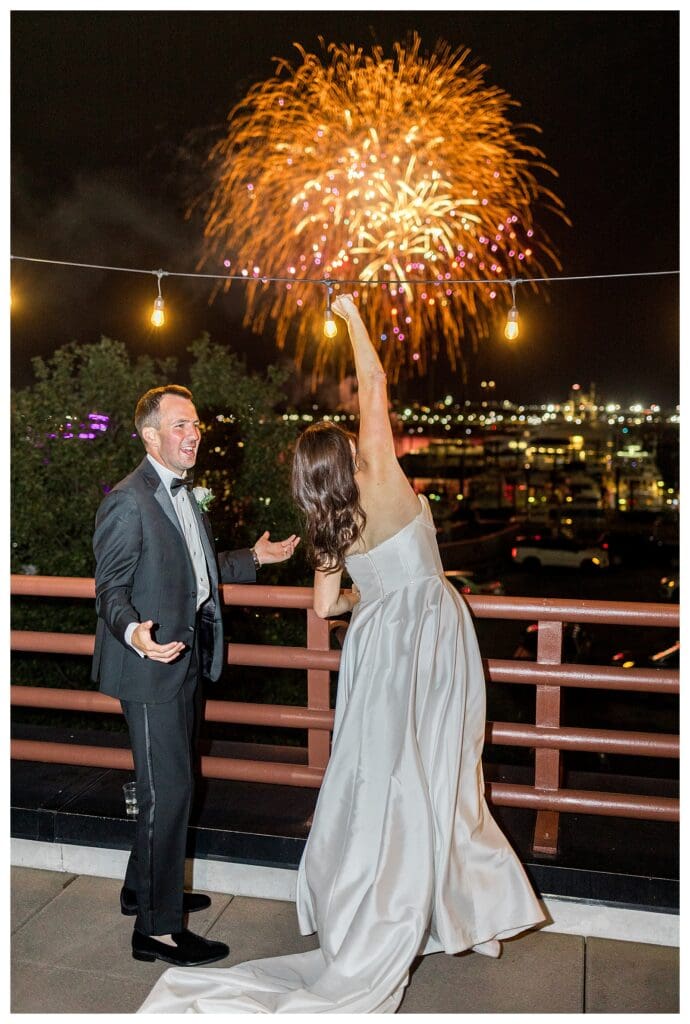 Boston Wedding celebration ending with fireworks over the water.