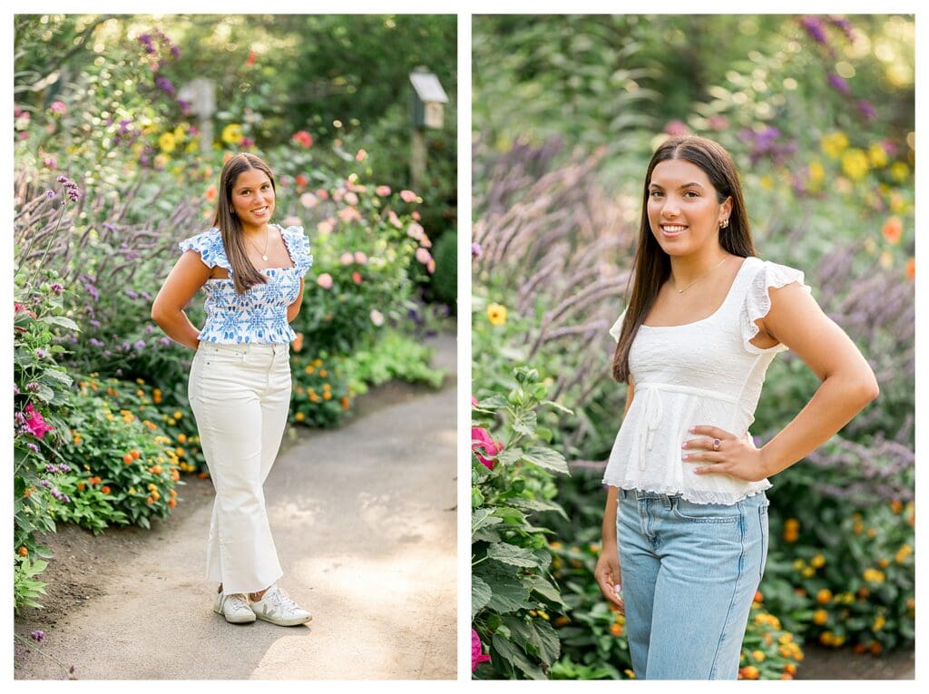 Bright and airy senior portrait with soft floral tones