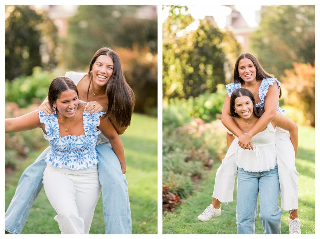 Piggyback ride pose in a garden