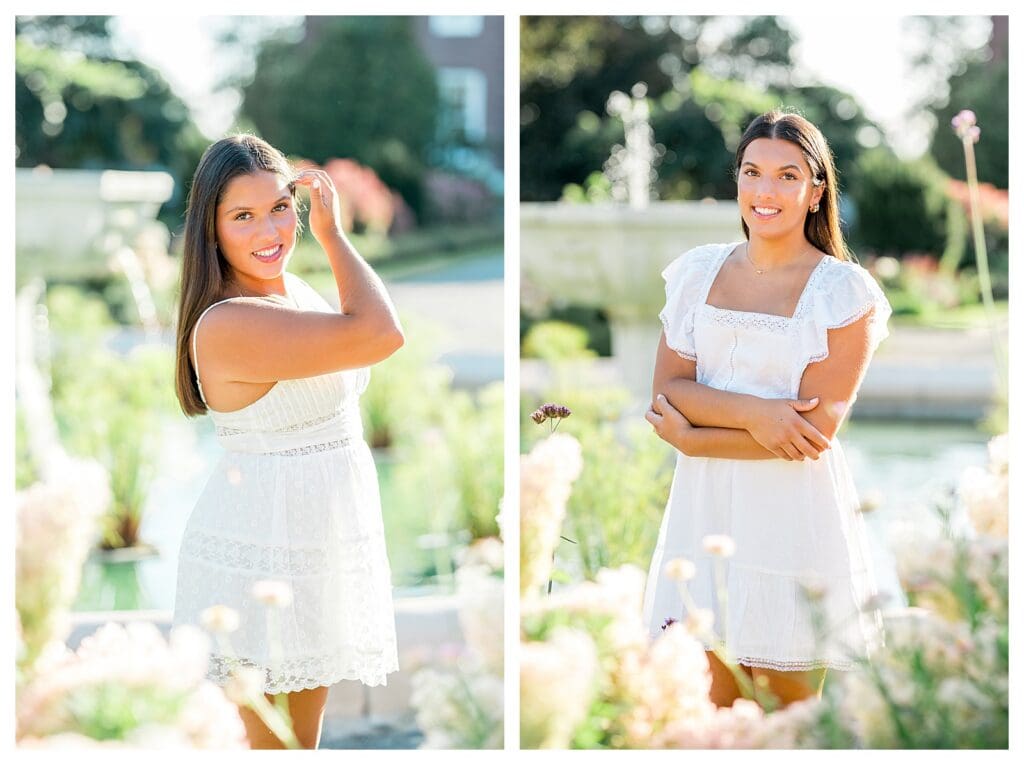 Twin sisters posing side by side in garden setting