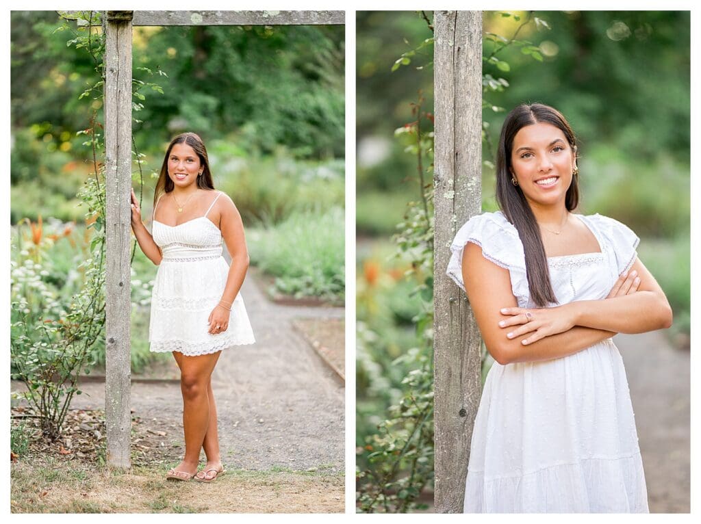 Twin sisters posing in front of garden path at Elm Bank