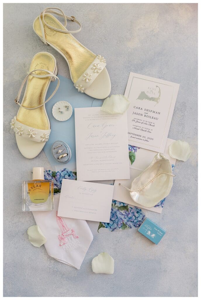 Coastal wedding invitation suite with blue and neutral details