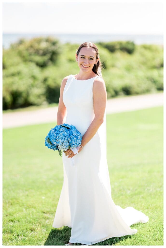 Bride holding hydrangea bouquet portrait