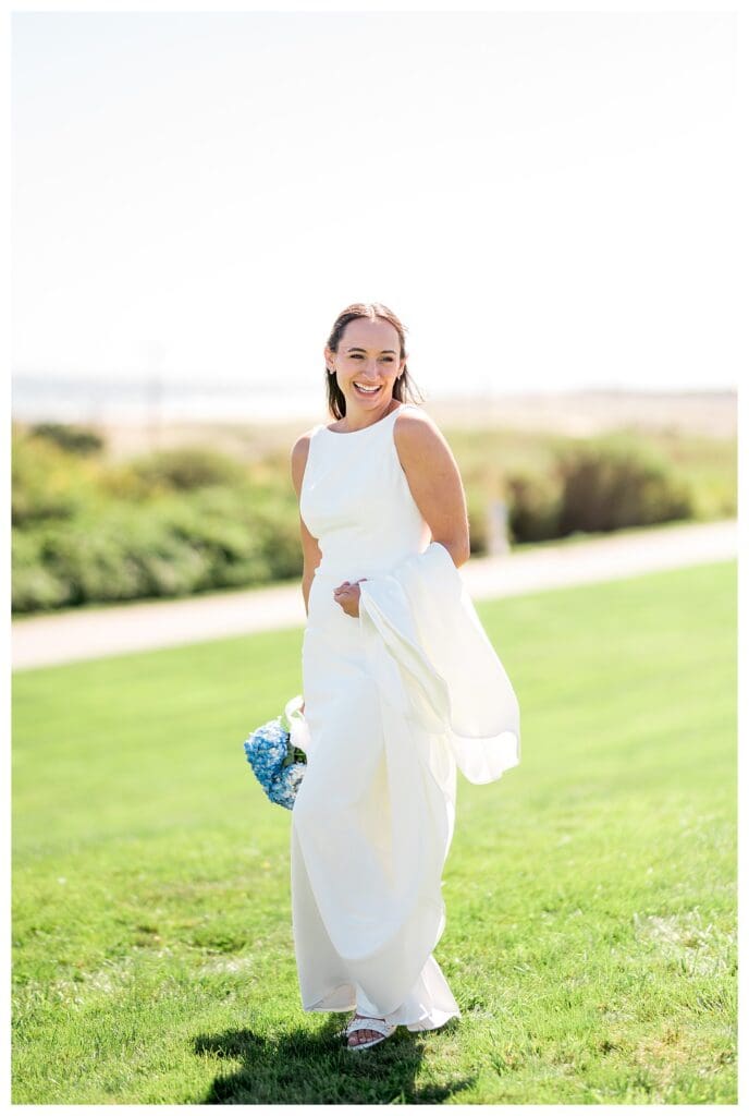 Bride standing outside at Cape Cod wedding venue, Nauset Beach Inn