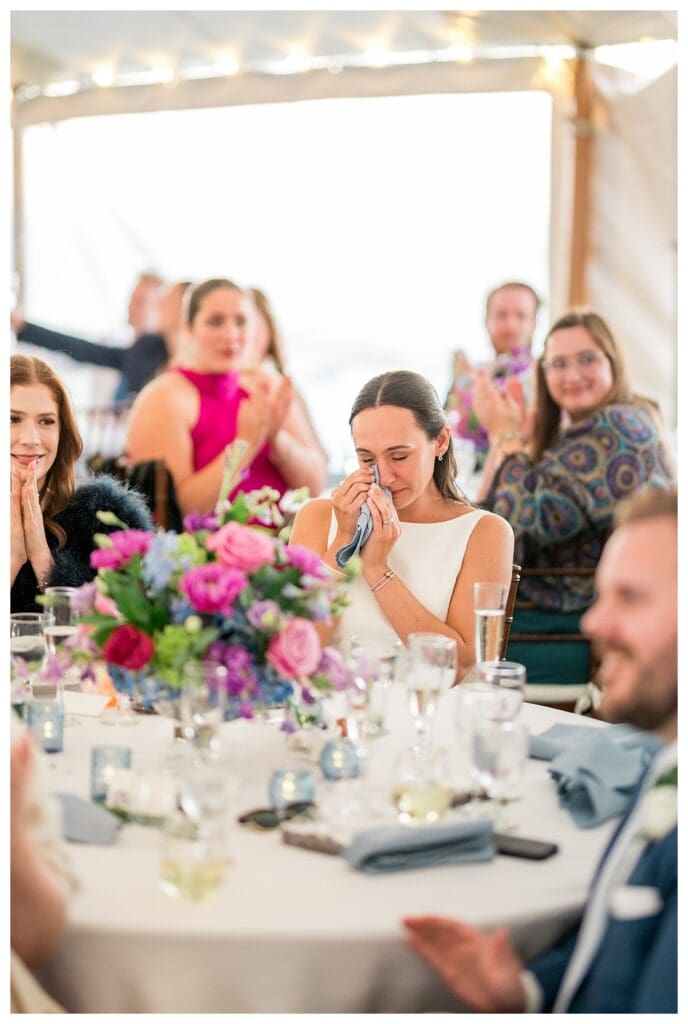 Bride crying during reception toast