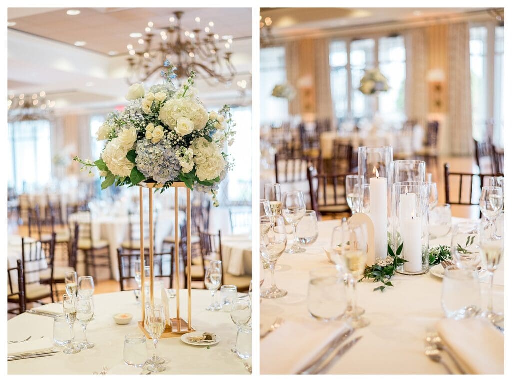 Elegant wedding reception decor with floral centerpieces and chandeliers