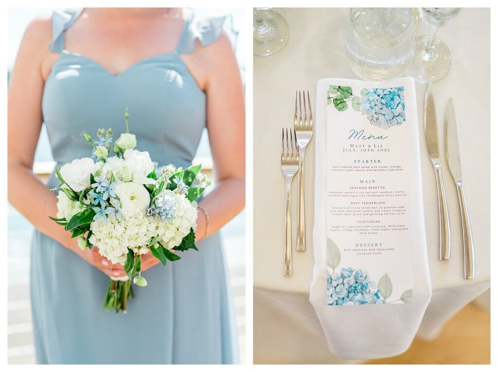 Bridesmaid holding bouquet in blue dress at coastal wedding