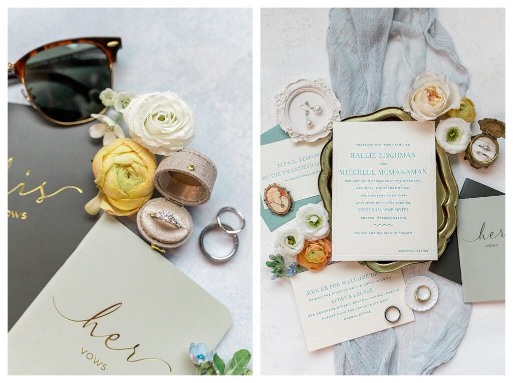 Wedding ring detail shot with florals and invitation suite at Boston Harbor Hotel