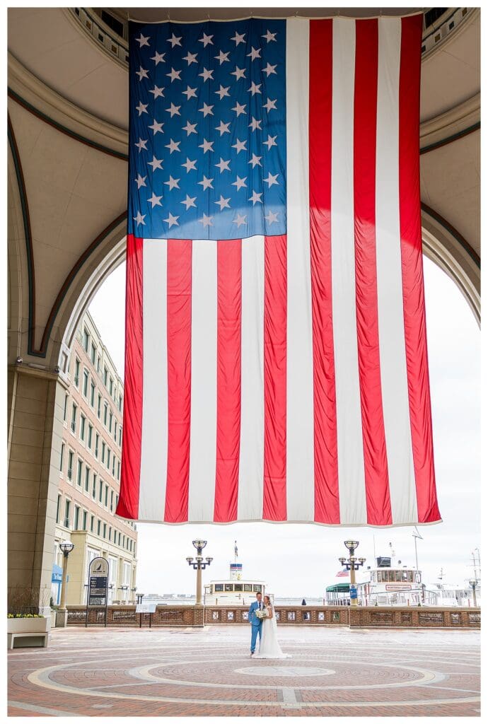 American flag displayed at Boston Harbor Hotel during wedding celebration