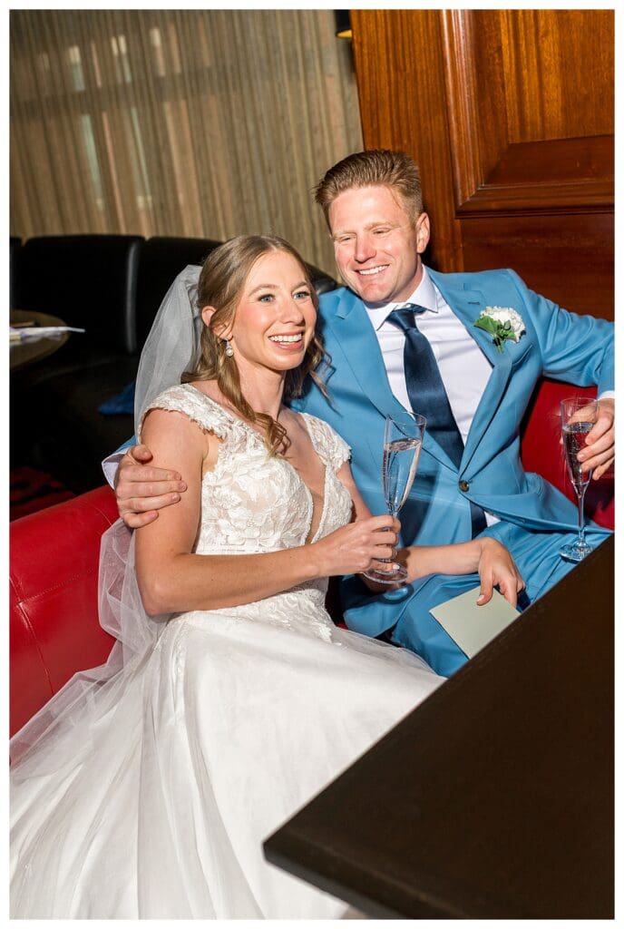 Bride and groom portrait in reception ballroom at Boston Harbor Hotel wedding