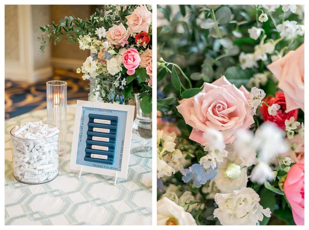 Colorful cocktail hour florals and guest details at Boston Harbor Hotel wedding