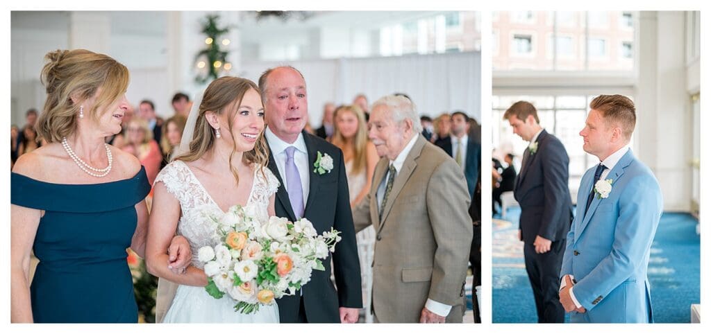 Groom waiting for bride at Boston Harbor Hotel ceremony space