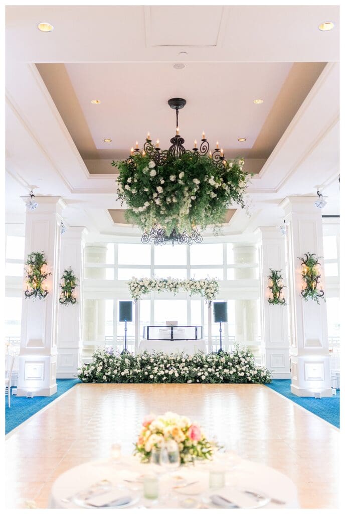 Floral installation suspended from ceiling in reception ballroom at Boston Harbor Hotel