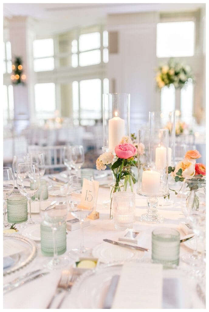 Cocktail hour florals and reception details at Boston Harbor Hotel wedding