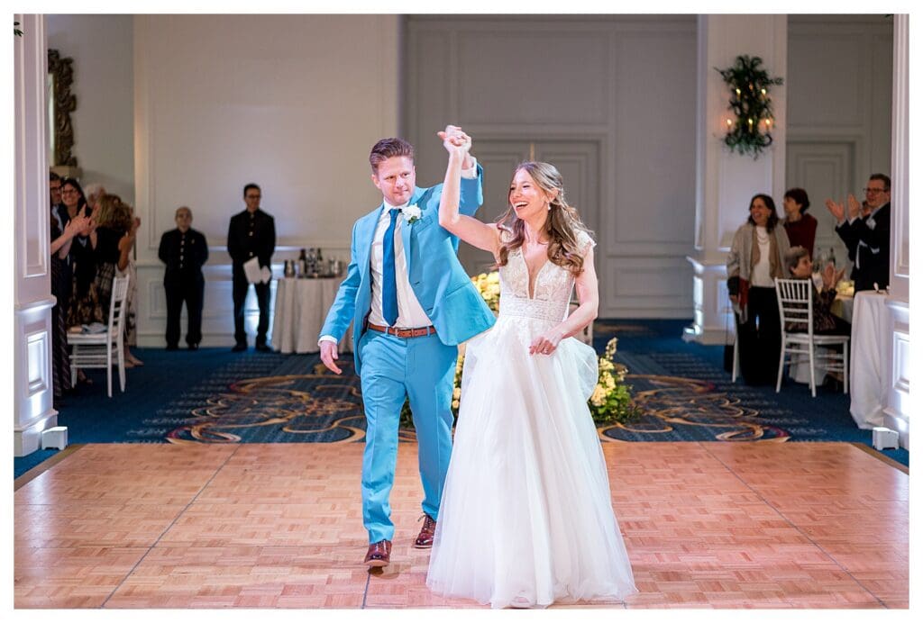 Bride and groom during reception celebration at Boston Harbor Hotel