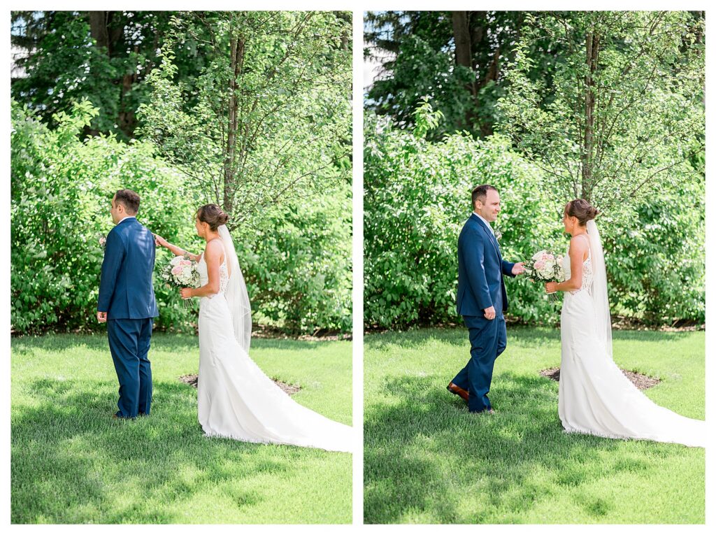 Groom with his back to his bride before turning around for their first look