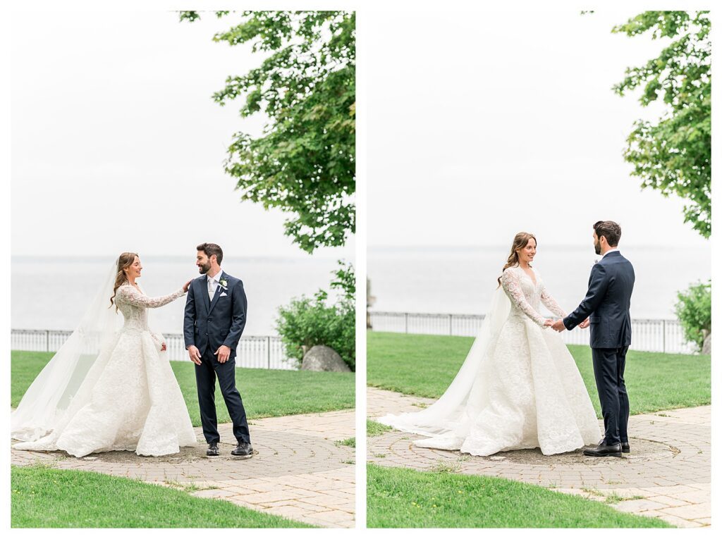 Bride tapping her groom's shoulder to begin their first look on a paved waterfront path.