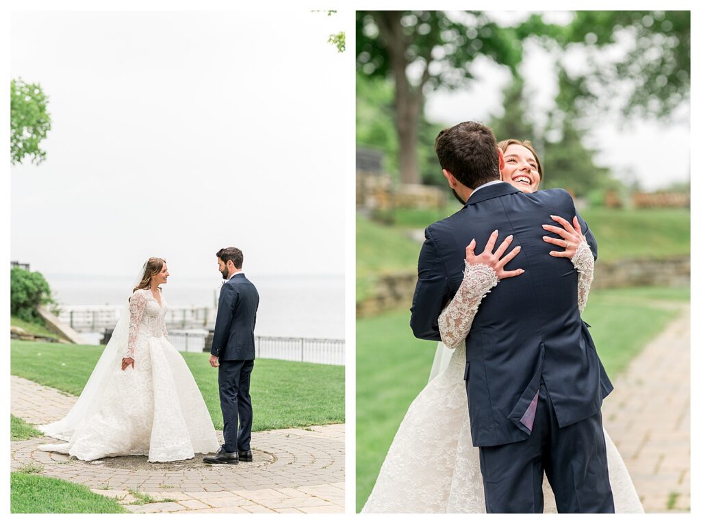 Groom hugging his bride tightly during their first look on a waterfront wedding lawn at Bar Harbor wedding.