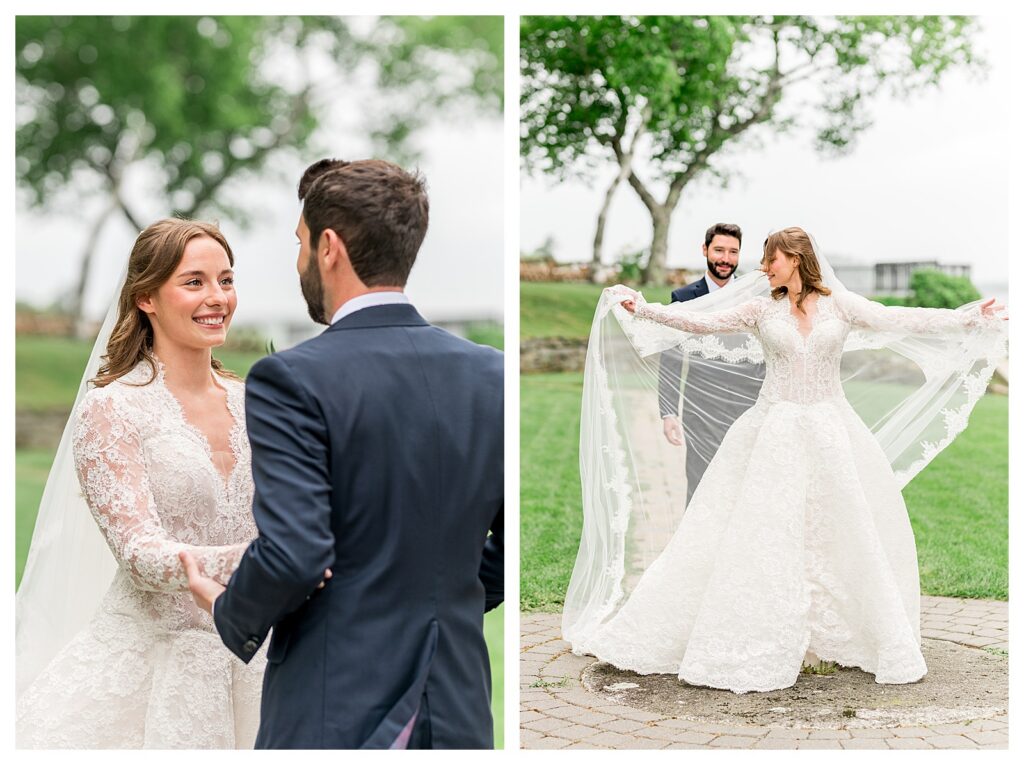 Bride spinning during a joyful first look moment, her veil flowing behind her.