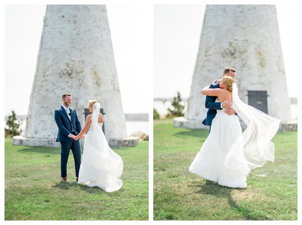 Bride and groom having their first look in front of a historic lighthouse. 