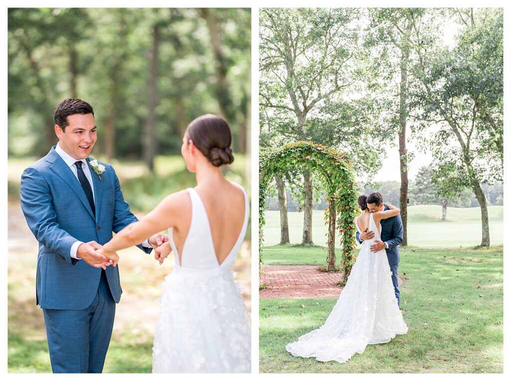 Bride and groom embracing near ceremony arch during their first look at the Martha's Vineyard wedding.