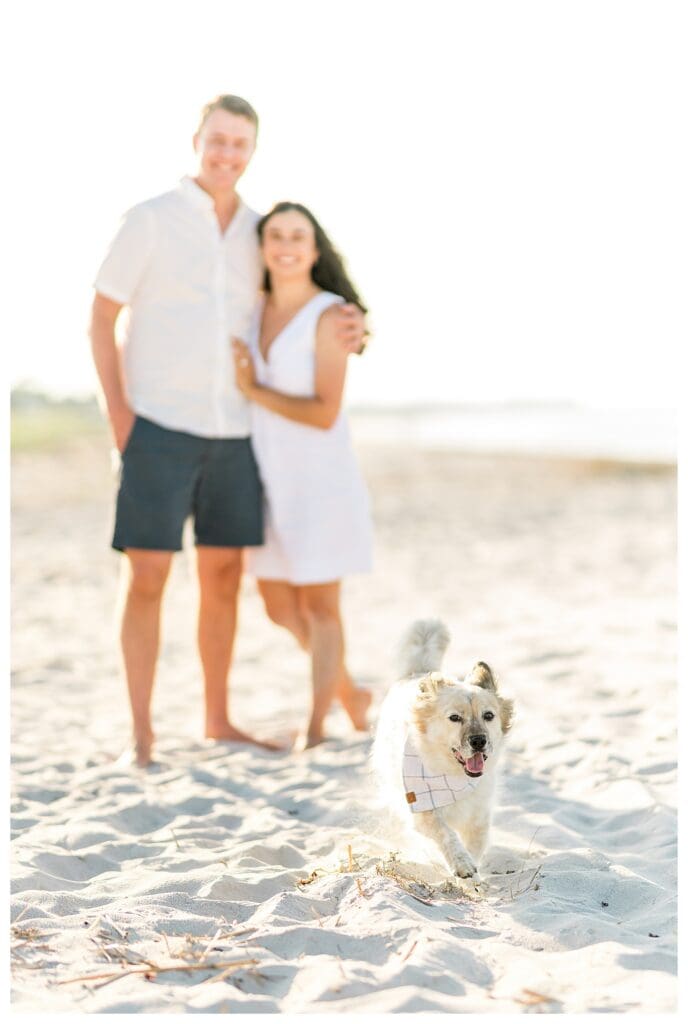 Standing together in the sand with their dog during beach engagement photos